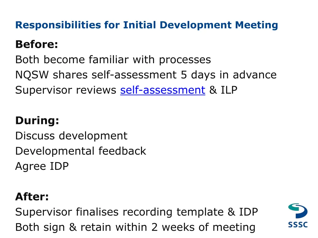 responsibilities for initial development meeting