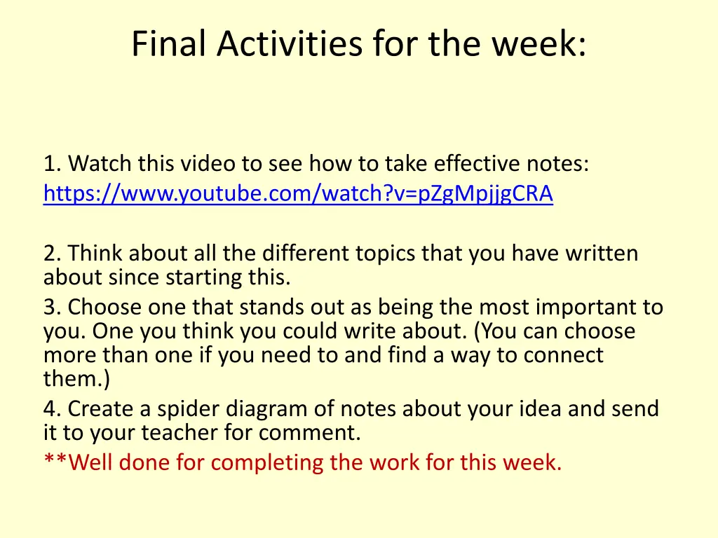 final activities for the week