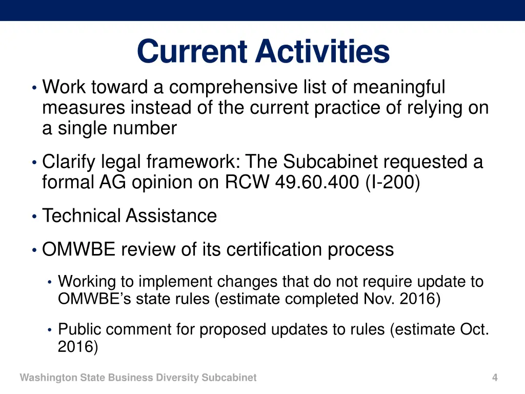 current activities work toward a comprehensive