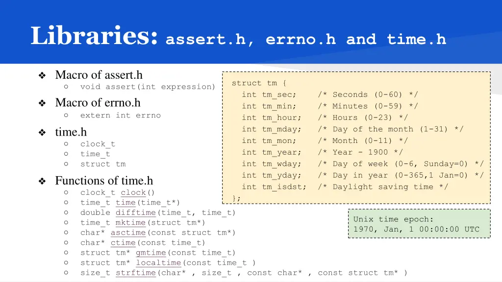 libraries assert h errno h and time h