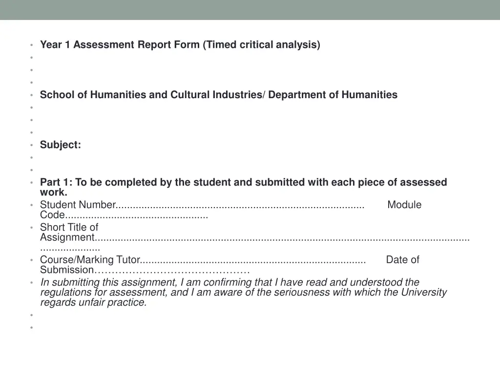 year 1 assessment report form timed critical
