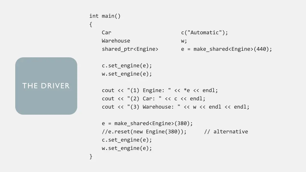 int main car warehouse shared ptr engine
