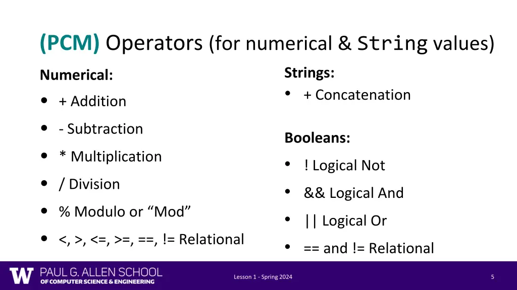 pcm operators for numerical string values