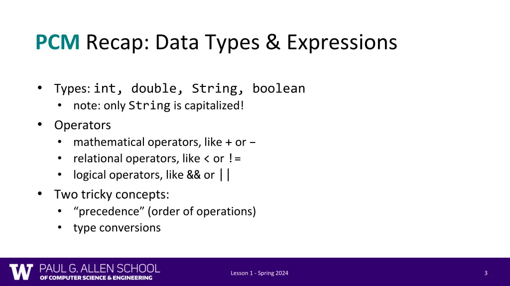 pcm recap data types expressions