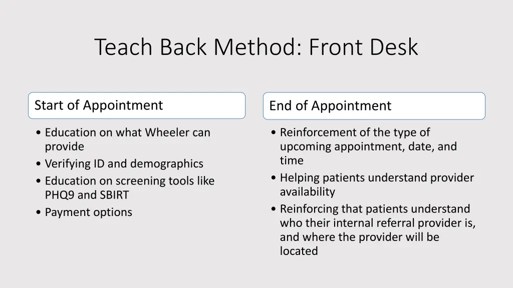 teach back method front desk