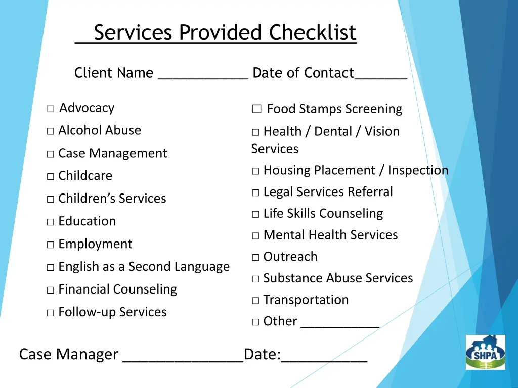services provided checklist
