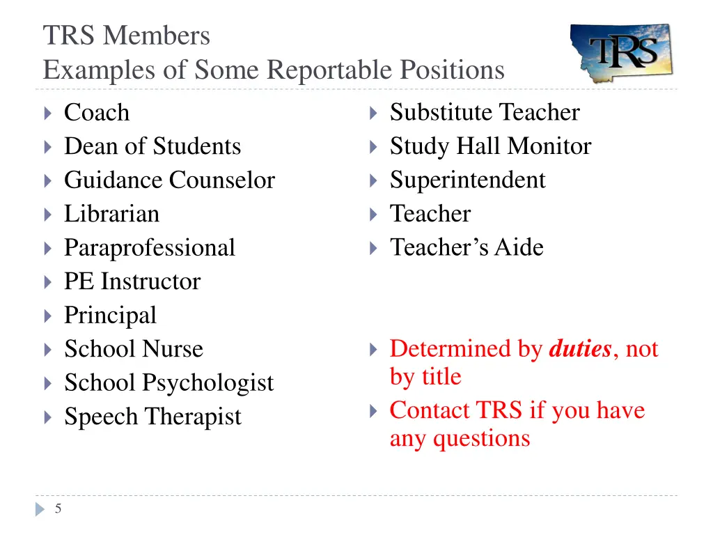 trs members examples of some reportable positions
