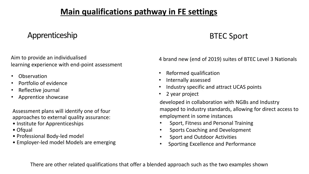 main qualifications pathway in fe settings