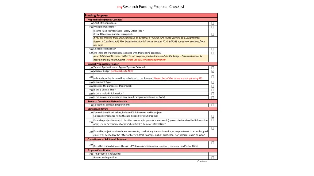 myresearch funding proposal checklist