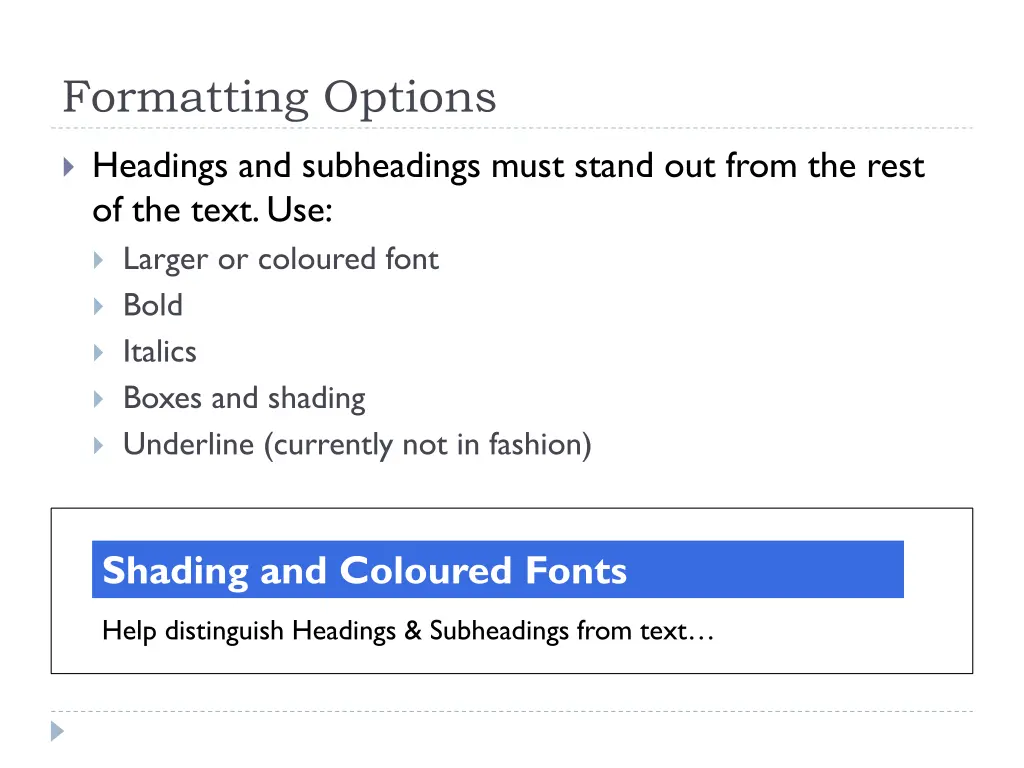 formatting options