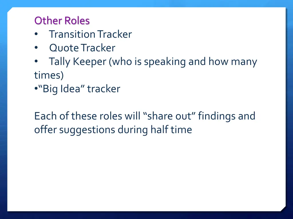 other roles transition tracker quote tracker