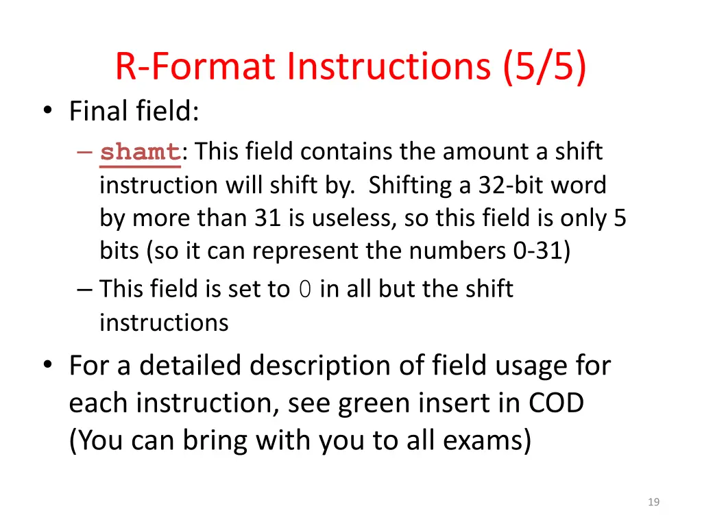 r format instructions 5 5 final field shamt this