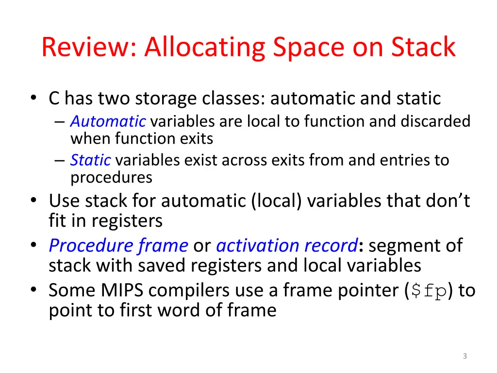 review allocating space on stack