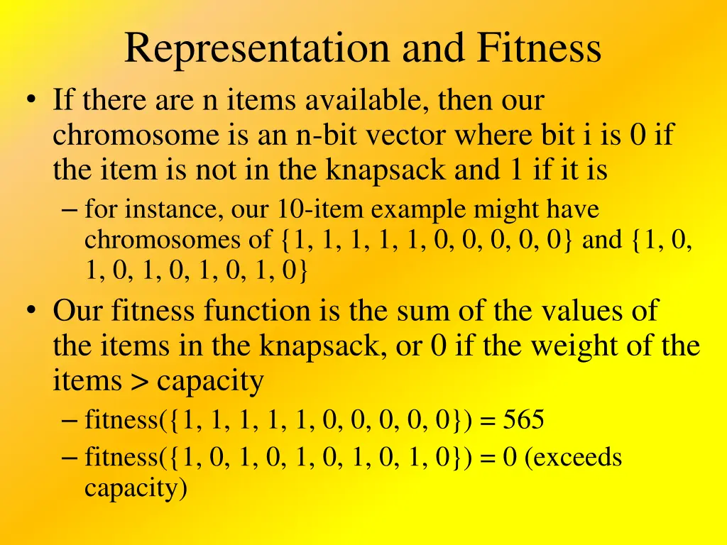 representation and fitness if there are n items