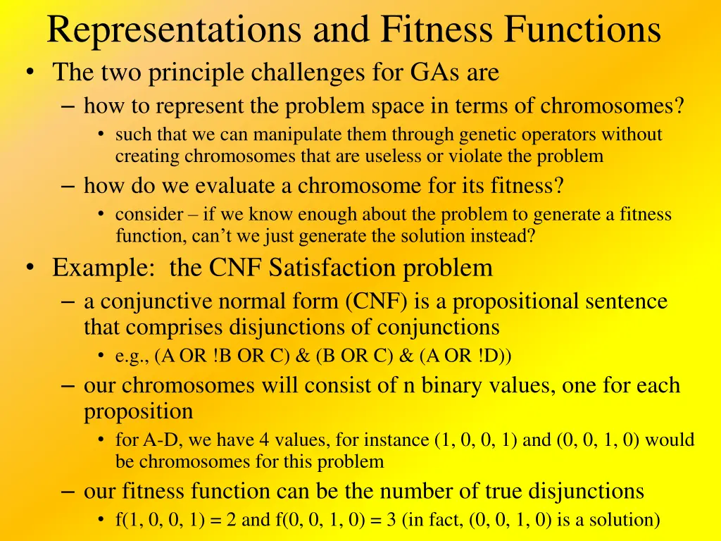 representations and fitness functions