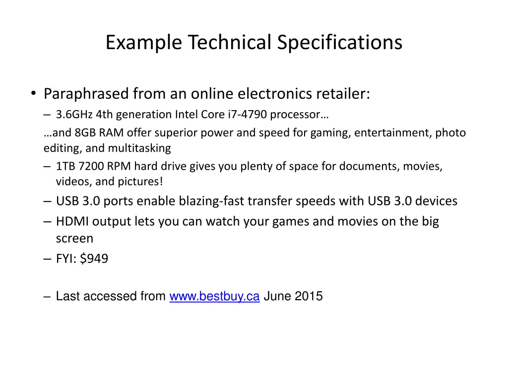 example technical specifications