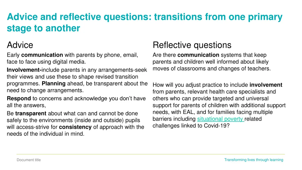 advice and reflective questions transitions from 1