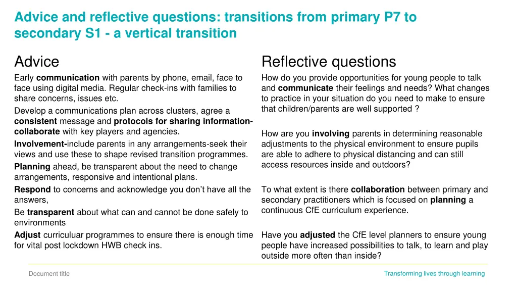advice and reflective questions transitions from