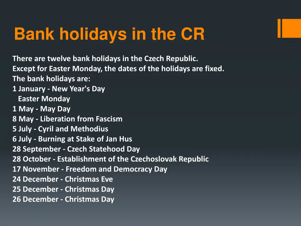 bank holidays in the cr