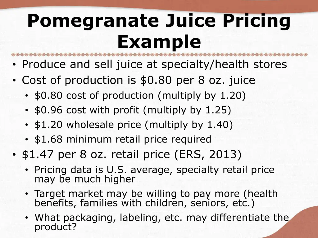 pomegranate juice pricing example produce
