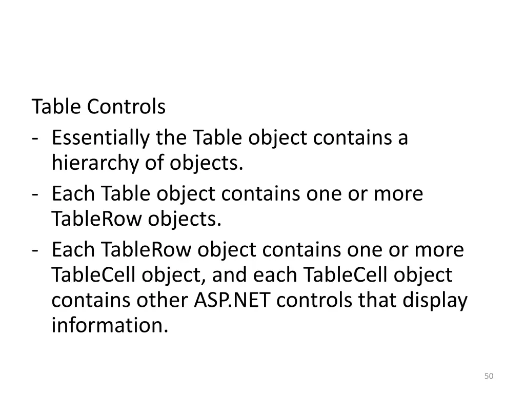 table controls essentially the table object