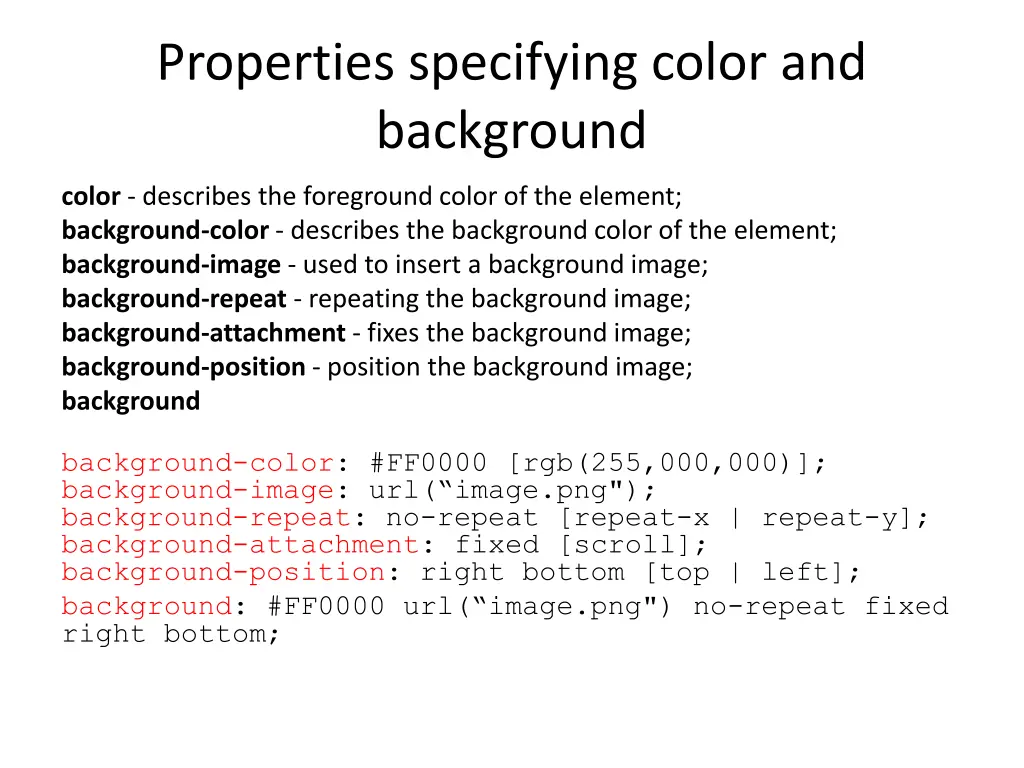 properties specifying color and background