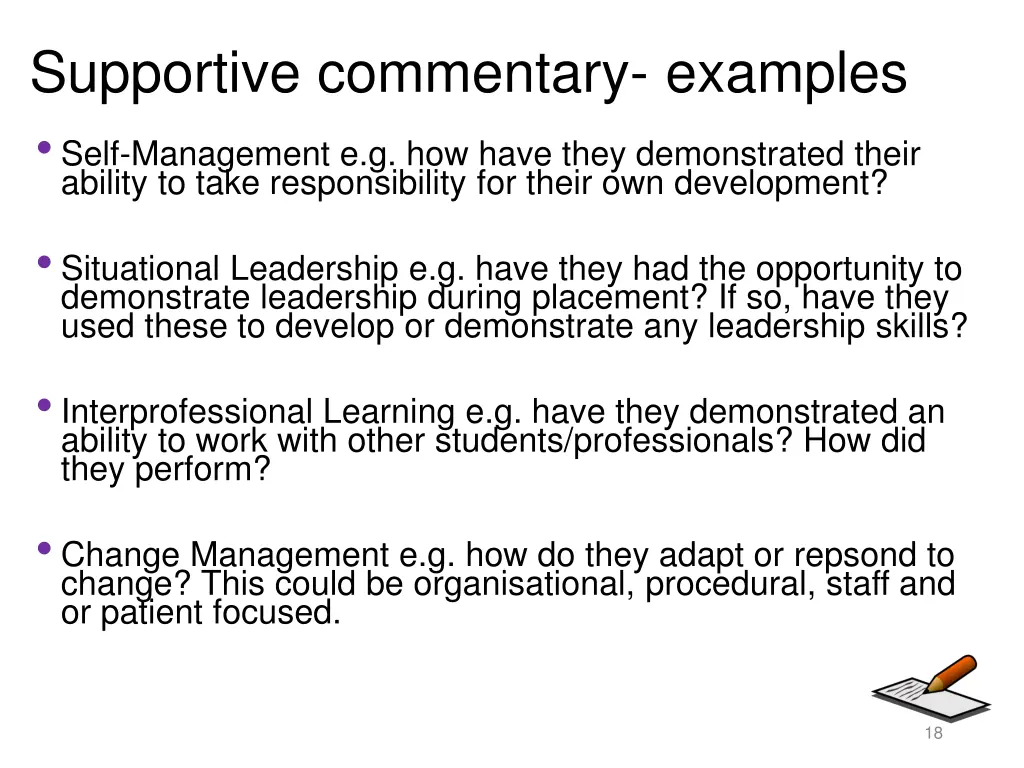 supportive commentary examples self management