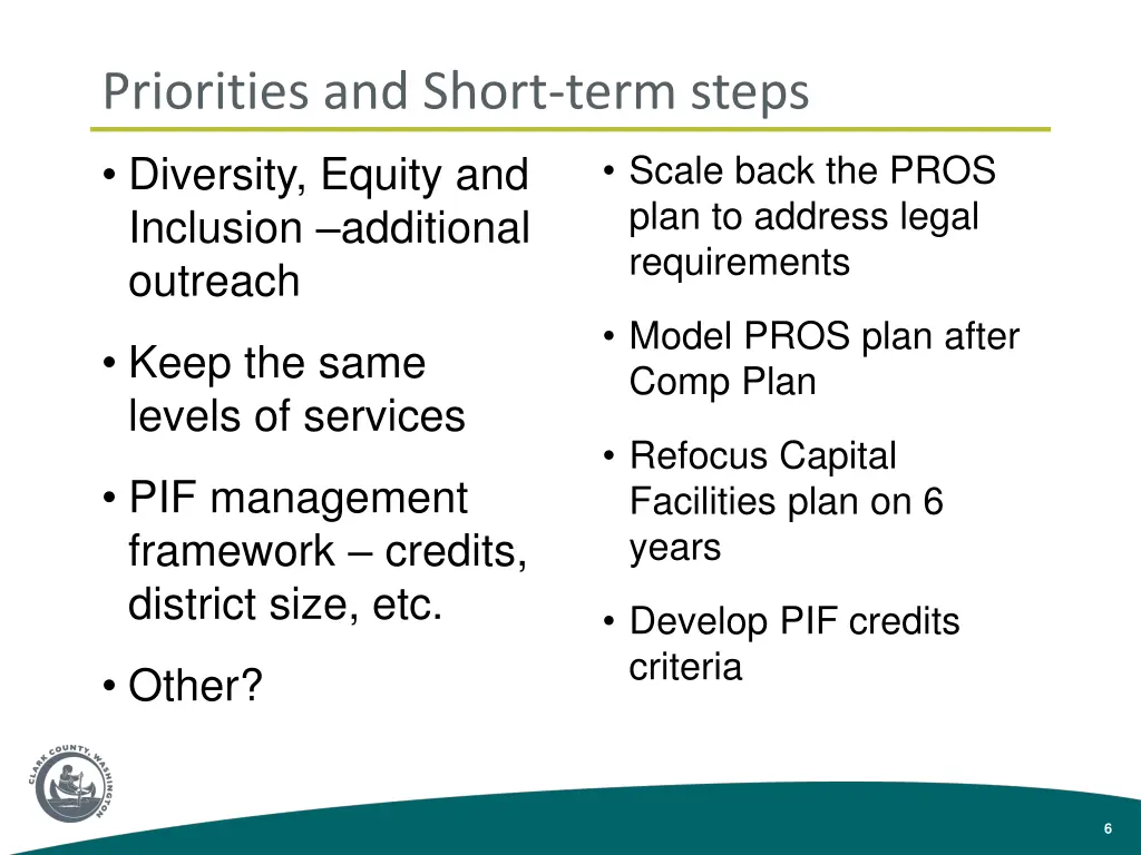 priorities and short term steps