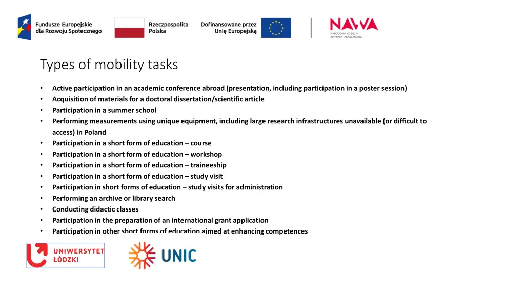 types of mobility tasks