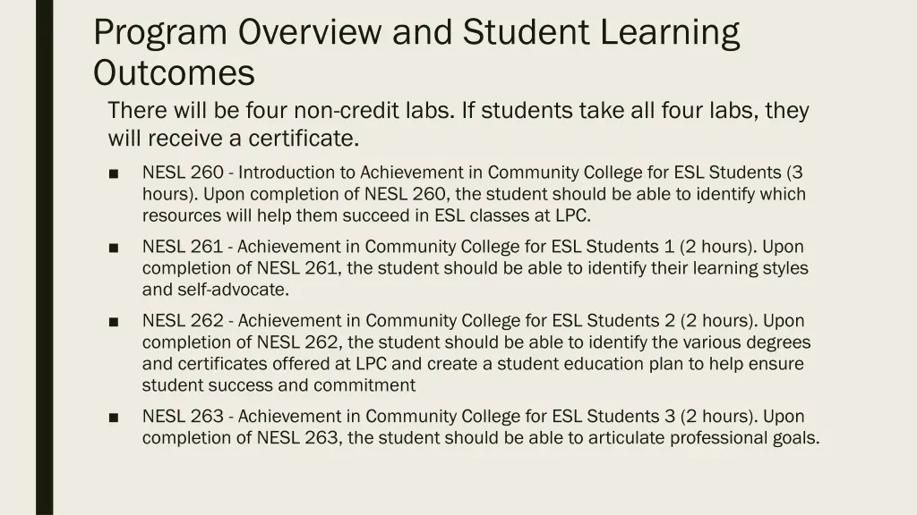 program overview and student learning outcomes