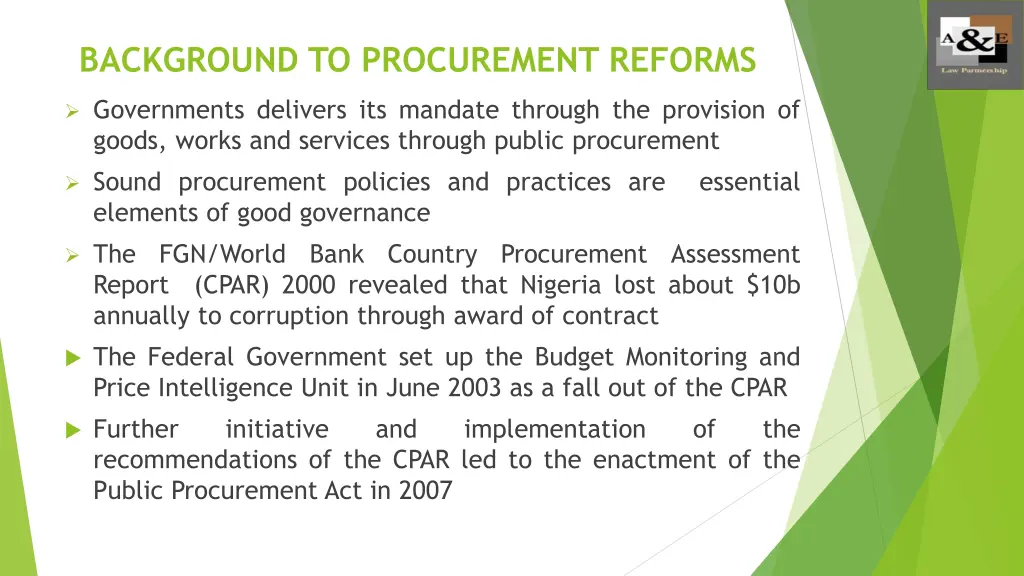 background to procurement reforms
