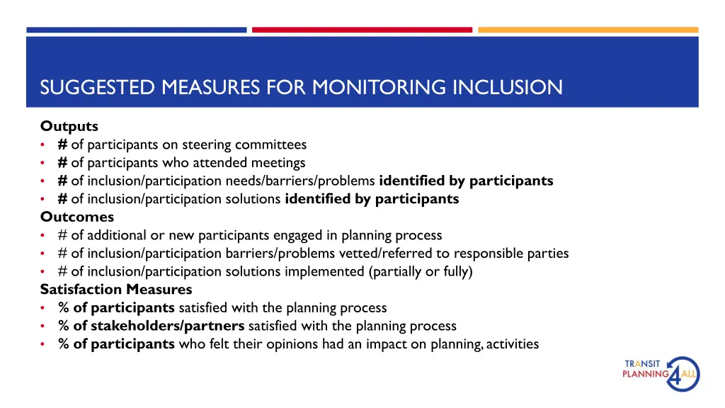 suggested measures for monitoring inclusion
