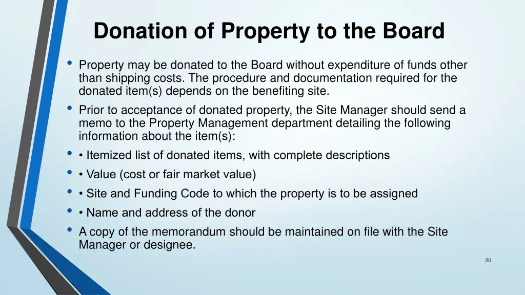 donation of property to the board