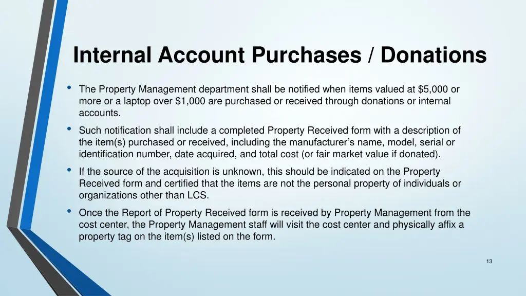 internal account purchases donations
