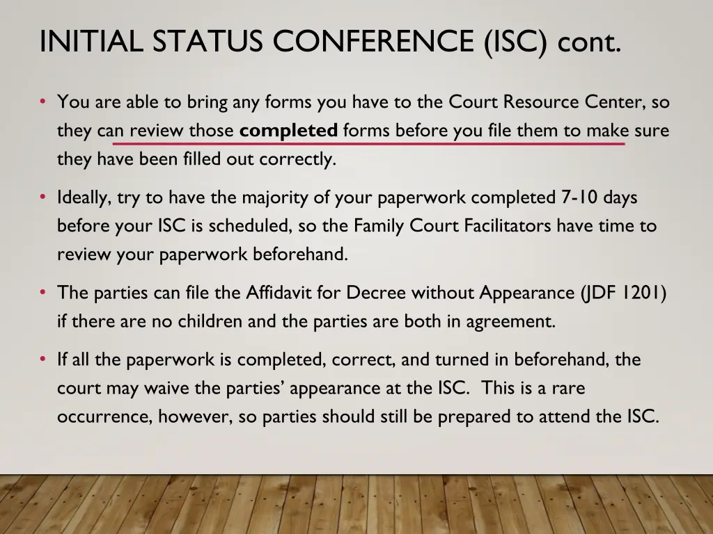 initial status conference isc cont