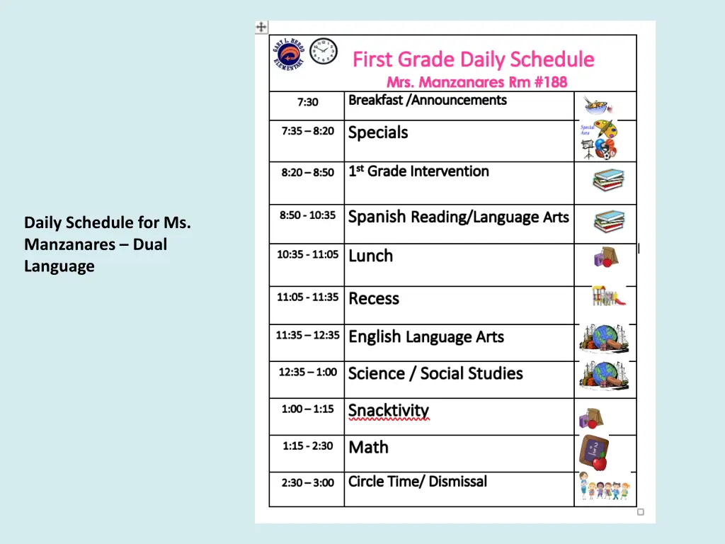 daily schedule for ms manzanares dual language