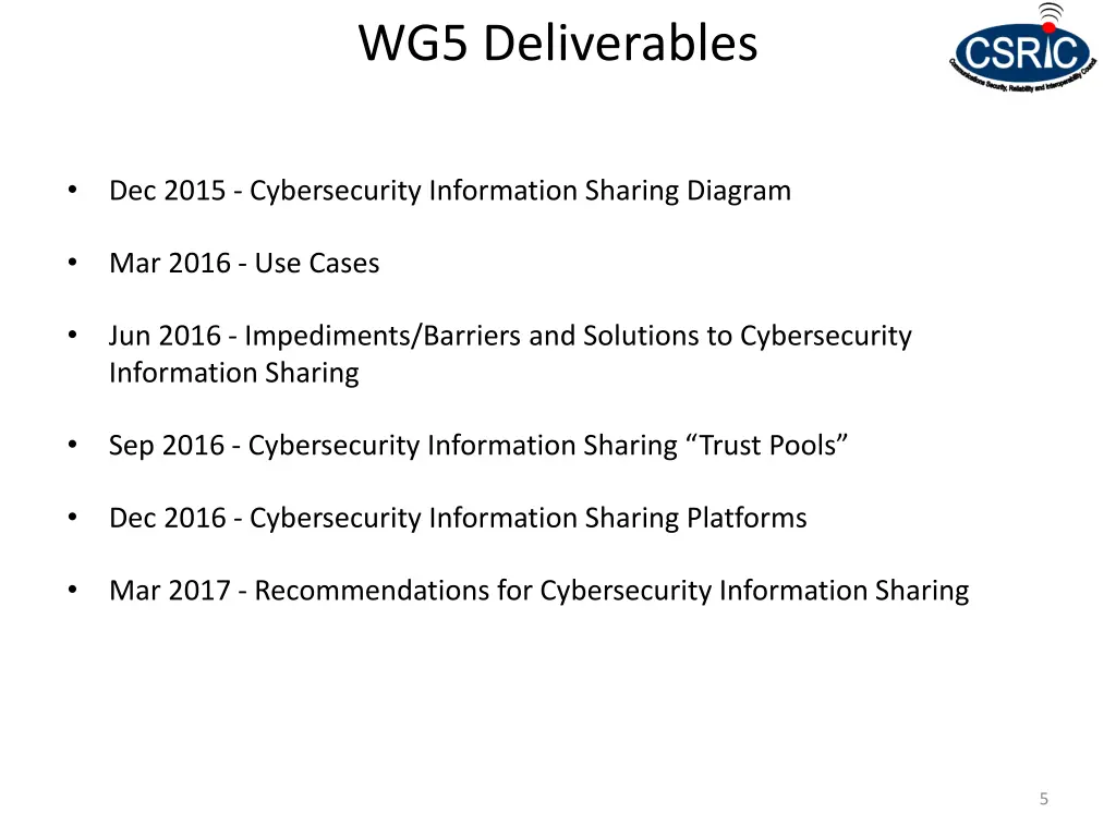 wg5 deliverables