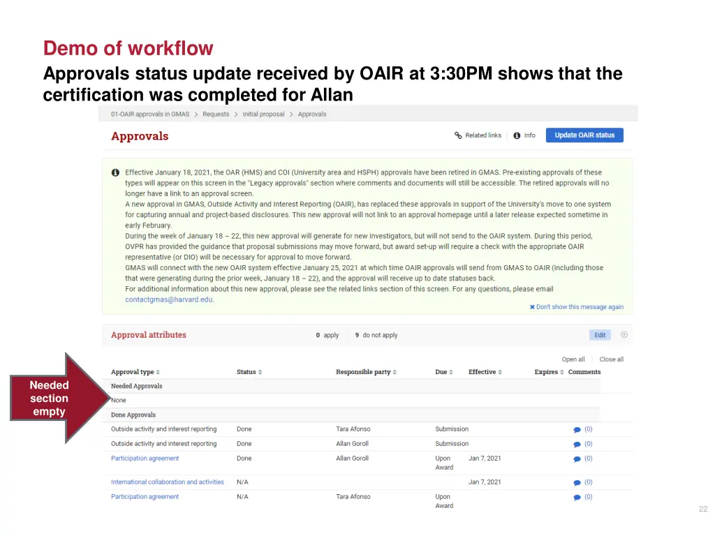 demo of workflow approvals status update received