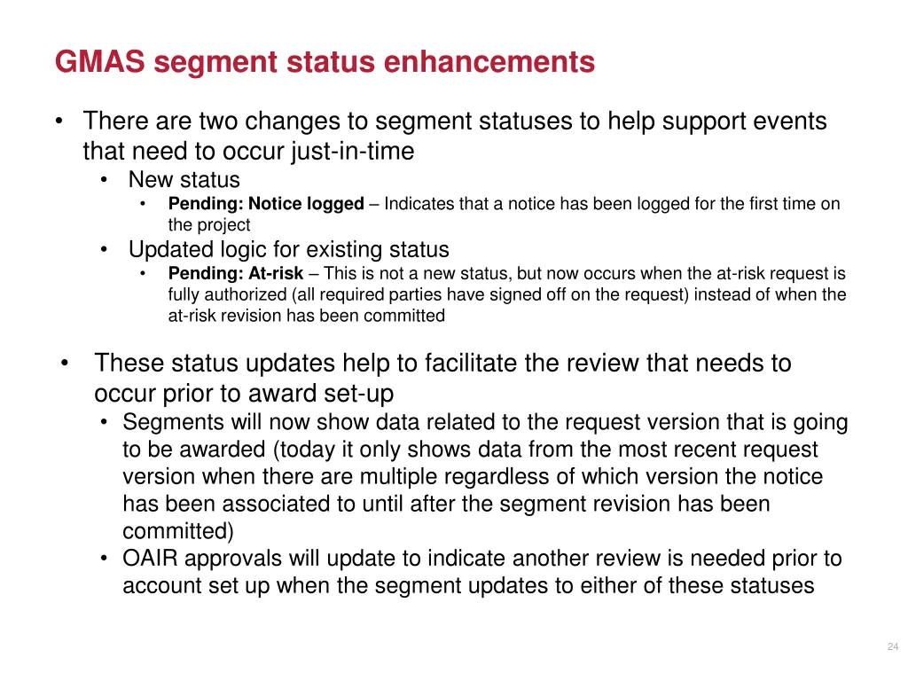 gmas segment status enhancements