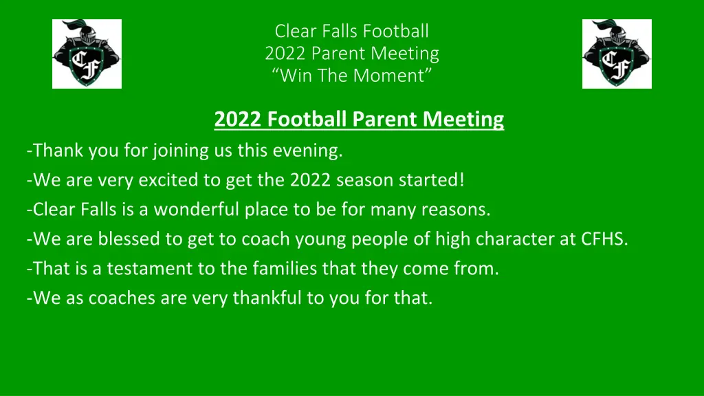 clear falls football 2022 parent meeting