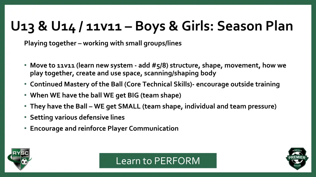 u13 u14 11v11 boys girls season plan