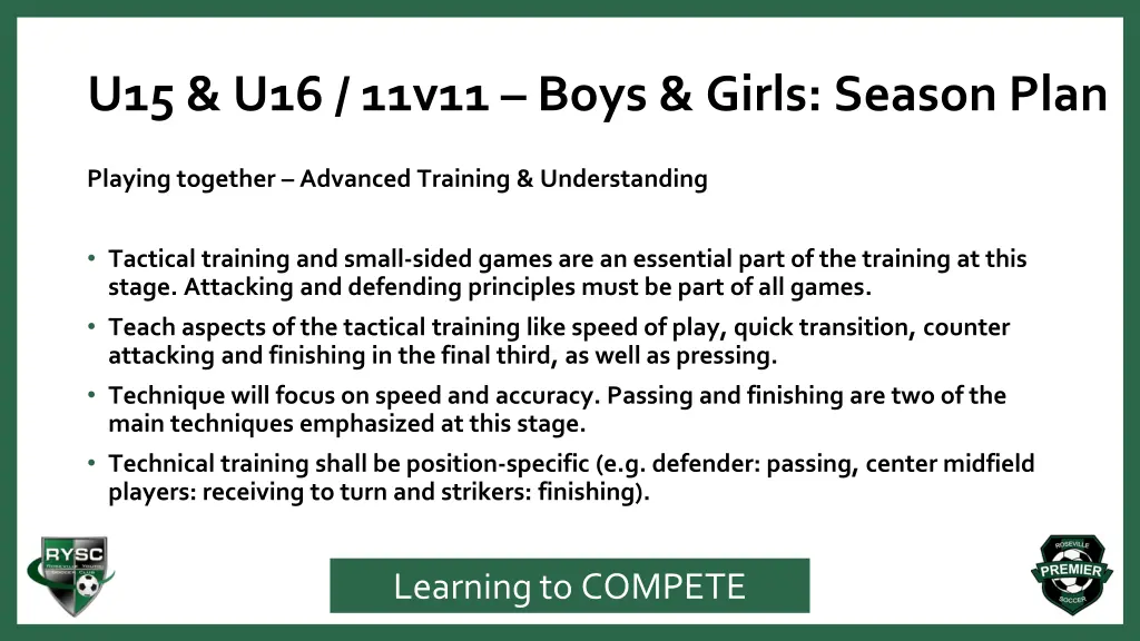 u15 u16 11v11 boys girls season plan