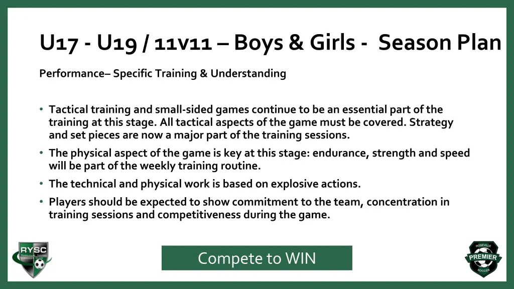 u17 u19 11v11 boys girls season plan