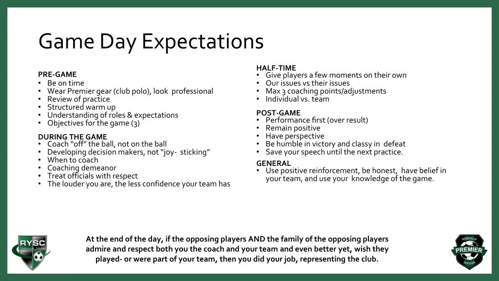 game day expectations
