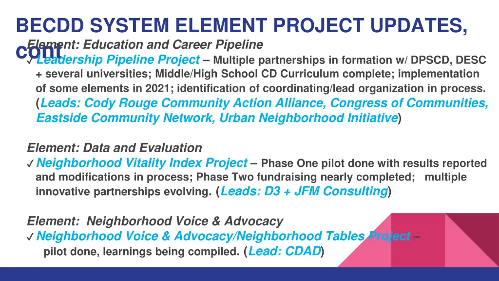 becdd system element project updates cont