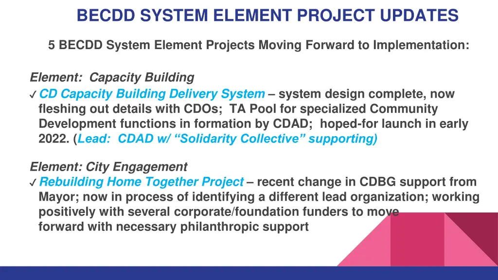 becdd system element project updates