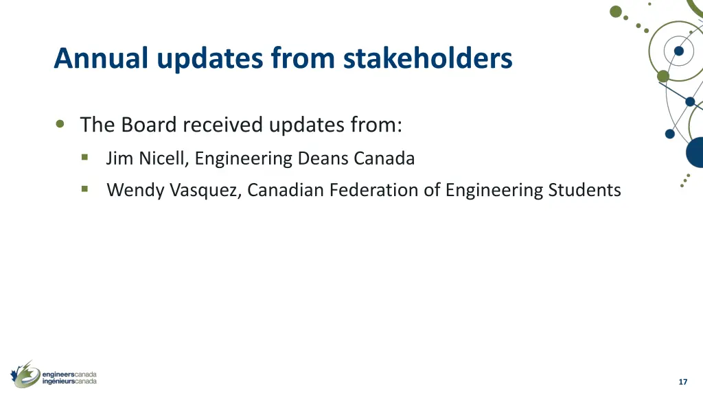 annual updates from stakeholders