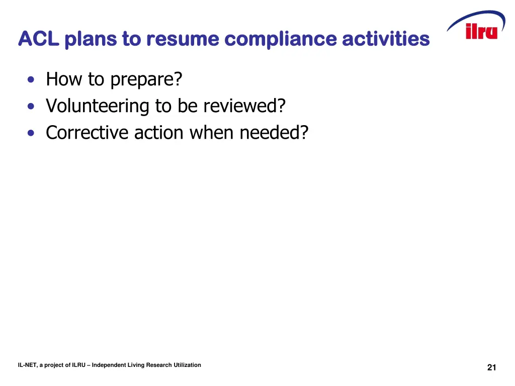acl plans to resume compliance activities