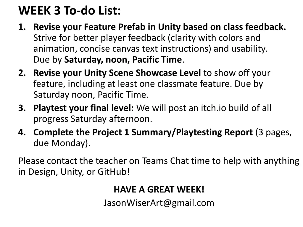week 3 to do list 1 revise your feature prefab