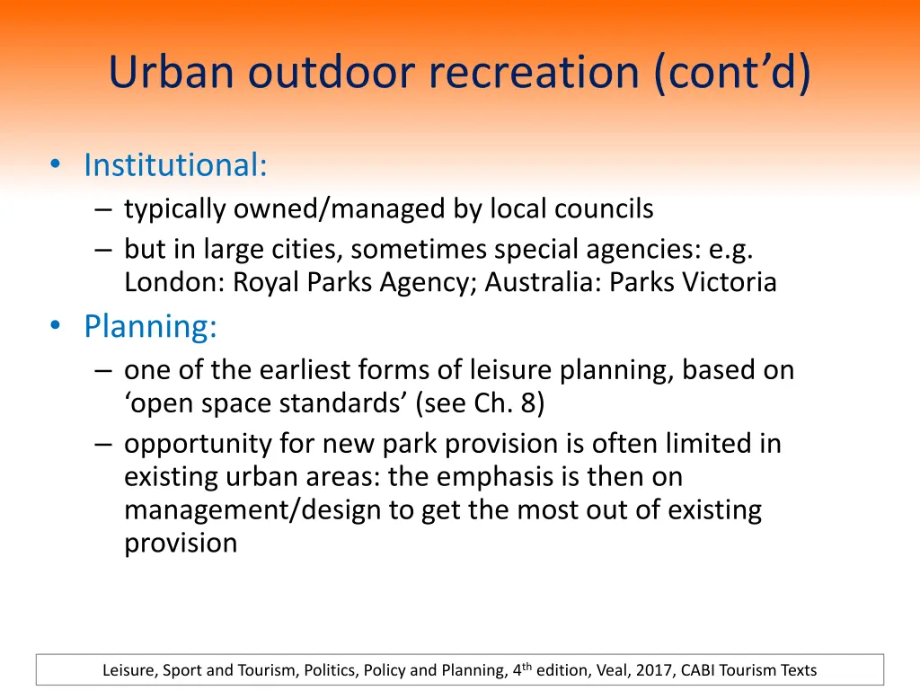 urban outdoor recreation cont d